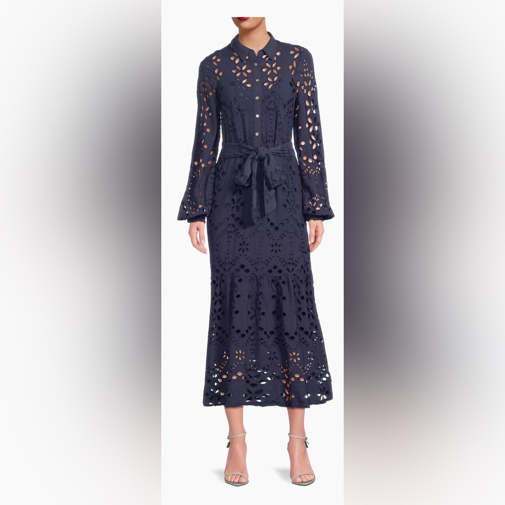 Lilly Pulitzer Zia Eyelet Midi Shirtdress Navy Blue Size 10